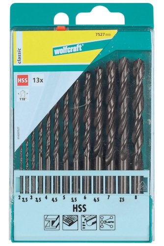 Wolfcraft 7527000 Spiralbohrer HSS rollgewalzt, Sortiment in Kunststoffkassette Ø 2,0-2,5-3,0-3,5-4,0-4,5-5,0-5,5-6,0-6,5-7,0-7,5-8,0 mm