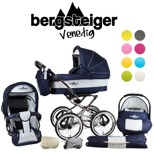 Bergsteiger Venedig Retro Combination Pram 3-in-1 System; car seat; (10-piece mega set; 8 colours)