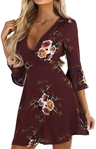 Leisun Women Casual Elegant V-Neck A-Line Tight Wrap Dress Flare Sleeve Three Quarter Sleeve Print Floral Ladies Mini Dress Wrap Front Cross Over Top Pleated Skirt Homecoming Dresses