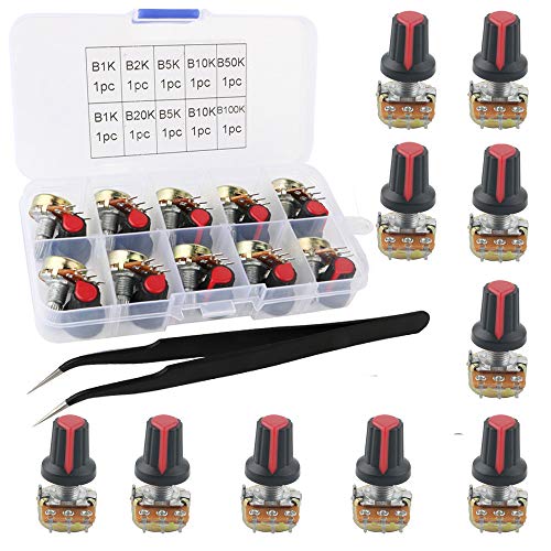 RUNCCI 10Pcs Potenziometro Rotativo a Cono Lineare 20K 2K 50K 100k 1k 10k 5k, WH148 3Pin 15mm Albero con dado e ferro e Pinzette antistatico