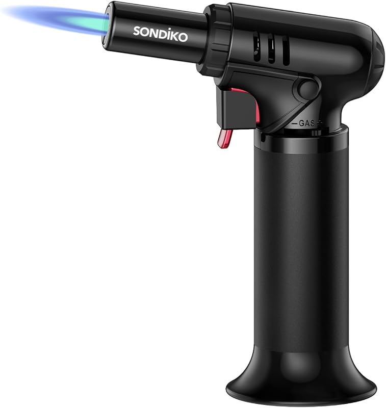 Sondiko Blow Torch with Fuel Gauge, Refillable Butane Torch Lighter with Safety Lock and Adjustable Flame, One-Handed Operation, Fit All Butane Tanks Kitchen Torch