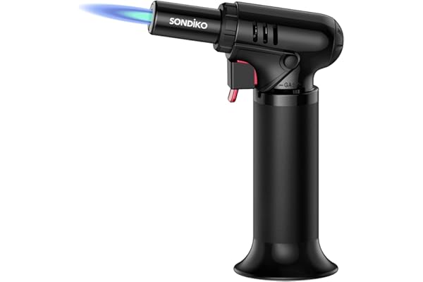 Sondiko Chalumeau de Cuisine, S907 avec Jauge de Carburant, Briquet Chalumeau Rechargeable avec Verrouillage de Sécurité et Flamme Réglable, Pour le Soudage, I'art de La Résine, Butane Non Inclus