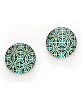 Idin Ohrclips - Glaskuppeln mit meergrünem Blumenmusterdruck (ca. 18 mm)