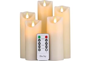 ‎DA BY Da by LED Kerzen, flammenlose Kerze 300 Stunden Batterie Dekorative Kerze 5er Set (13cm, 14cm, 16cm, 18cm, 20cm).Die echt blinkende LED-Flamme ist aus Beige Echtwachs gefertigt