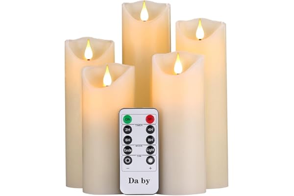 Bougies à LED de Da by, Ensemble de 5 Bougies décoratives (14 cm, 15 cm, 16 cm, 18 cm, 20 cm), Bougie sans Flamme de avec télécommande à 10 Touches.Flamme LED Clignotante, Faite de Vraie Cire
