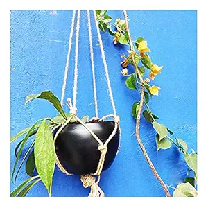 Iron Round Metal Hanging Pot with Jute Thread | Black Color Hanging Flower Pot