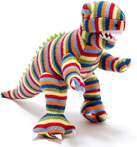 Best Years Knitted T Rex Multi Stripe Soft Toy Dinosaur Suitable from Birth Machine Washable.