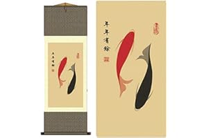 AtfArt Asian Wall Decor Beautiful Silk Scroll Painting - Ancient Pisces Double Fish Oriental Chinese Art Wall Hanging (39 x 12 in)