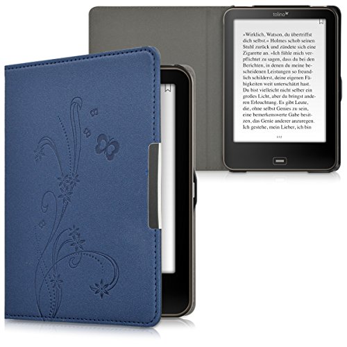 kwmobile Hülle für Tolino Vision 1 / 2 / 3 / 4 HD – Flipcover Case eReader Schutzhülle – Bookstyle Klapphülle Ranken Schmetterling Design Dunkelblau - 5