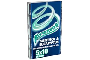 WRIGLEY'S AIRWAVES - Chewing Gum Sans Sucre - Goût Menthol et Eucalyptus - Goût Longue Durée - 5 Paquets de 10 Dragées - 70g