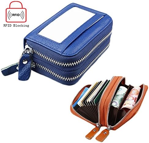Lememogo RFID Blocking Card Wallet Leather Credit ID Card Holder Case Double Zipper Money Coin Change Cash Purse Travel Pouch for Women Men 11x4.5x7.5 cm (Blue)
