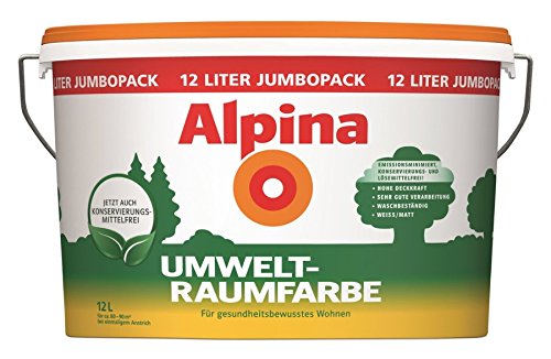 Alpina 12 L. Umwelt Natur Wandfarbe, Weiß Matt, für Allergiker, Konservierungs- & Lösemittelfrei