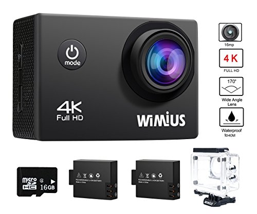 WiMiUS Action Cam 4K Action Kamera WiFi Actioncam HD 16MP Wasserdichte Helmkamera mit 2Akkus, 16GB High-Speed Karte