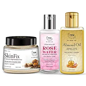 TNW-THE NATURAL WASH SKINFIX D-Tan Pack, Virgin Cold-Pressed Almond Oil & Steam Distilled Rose Water for Tan-free Glowing Skin | All Natural, Alcohol-free | Combo Pack of 3 items