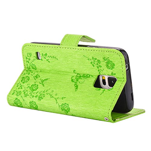Samsung S5 Hülle,Cozy Hut® Schutzhülle für Samsung Galaxy S5 Leder Wallet Tasche Brieftasche PU Schutz Etui Schale,Intarsien Bling Kristall Glitzer Strass Diamant Prägung Schmetterling Muster Lederhülle im Bookstyle Handyhülle Tasche Wallet Case Handytasche Ständer Kredit Kartenfächer Flip Etui Tasche für Samsung Galaxy S5 – grün - 3