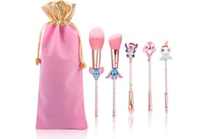 SWZY 5pcs Cartoon Makeup Brushes Set with Pink Bag, Kawaii Cosmetic Brushes Anime Collection for Foundation Blush Eyeshadow Eyebrow Eyeliner Face Concealer Powder Makeup Brush Gift for Girl Women Pink…