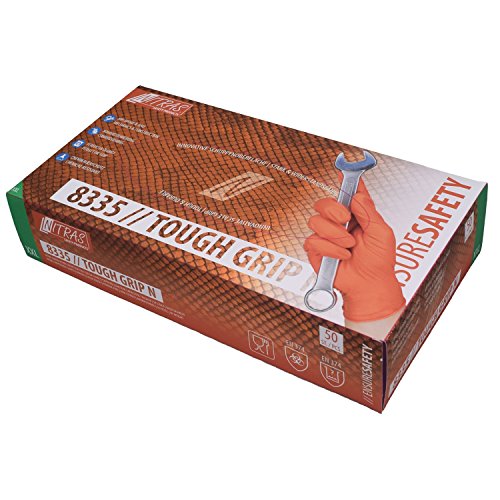 50 Stück Nitril Einmalhandschuhe mit optimierter Griffigkeit NITRAS TOUGH GRIP N (L, orange)