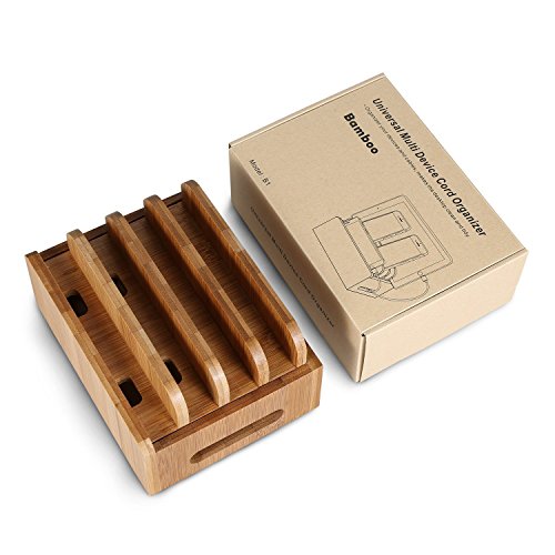 Upow Estaci  n de Carga de Bamb   natural para Multi-dispositivo con 4 Cuadros Organizador de Escritorio Soporte de Carga para Iphones Samsungs Tabletas Ipads 