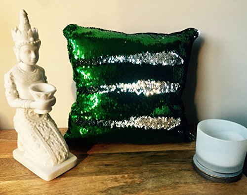 MERMAID SEQUIN CUSHION Cover Pillow Case Reversable Flip Sequins Sofa 35x35cm (Green & Silver, Without Pillow Insert)