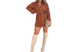 Gokame Satin Covered Nights Romper Dress, Satin Dress Set, Casual Button Shirt Dress Shorts Set, Solid Color Long Sleeve Shirt Suit