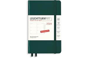 LEUCHTTURM1917 367623 kalendarz tygodniowy Pocket (A6) 2024, z dodatkowym zeszytem na adresy i rocznice, Forest Green, niemiecki, 12 miesięcy
