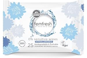 Femfresh 0% Sensitive Intimate Wipes - Gentle pH Balanced Feminine Wipes, 25 Pack