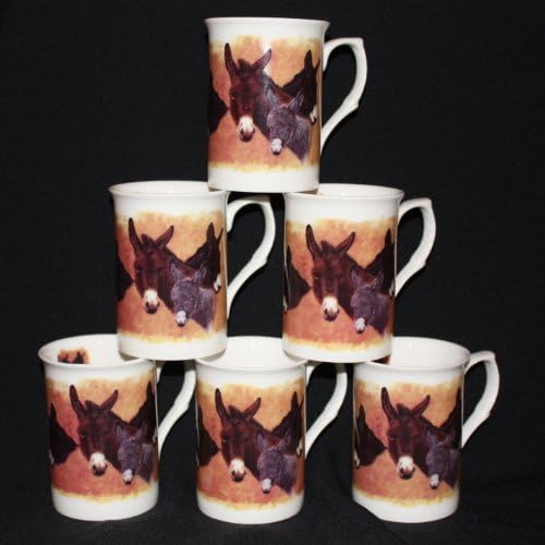 SET OF 6 FINE BONE CHINA DONKEY GYPSY ANIMAL MUGS CUPS GIFT SET