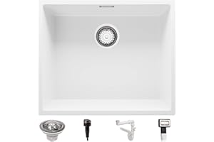 Fregadero bajo Encimera 56 x 47 cm, Fregadero Granito Un Seno + Sifón Automático, Fregadero Cocina London 60 de Primagran, Blanco