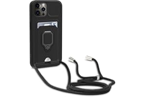 Dllatui Mobile Phone Case Compatible with iPhone 12/12 Pro, Collar Lanyard, Silicone Case with Camera Protection Slider, Rotating Stand with Card Slot, Necklace Case (Black)