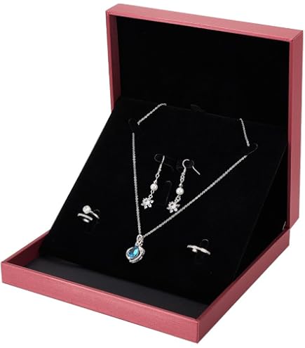Boîte à Bijoux En Cuir PU Rouge – 19x19x4,7 Cm – Velours Intérieur – Pour Collier, Boucles, Bague – Cadeau Mariage