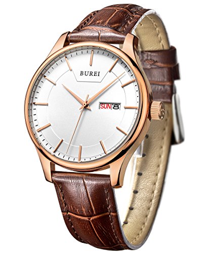 BUREI Klassische Tag Datum Herrenuhr mit Braun Leder Armbanduhr und Roségold Zeiger Geschenke für Männer BUREI Klassische Tag Datum Herrenuhr mit Braun Leder Armbanduhr und Roségold Zeiger Geschenke für Männer