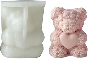 VIRTCOOY Moule en Silicone Saint Valentin - Moules à Bougies Ours Fleur, Ours Rose 3D avec Moule à Bougie en Silicone Coeur d'amour, pour Faire des Bougies Fondant Chocolat aromathérapie