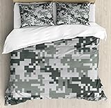 Ambesonne Camo Duvet Cover Set, Digital Pixel Effect Modern Design Conceptual Commando Inspired Grey Toned, 3 Piece Bedding Set with Pillow Shams, Queen/Full, Grey Light Grey Silver