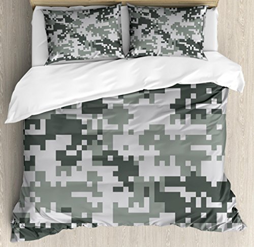 Ambesonne Camo Duvet Cover Set, Digital Pixel Effect Modern Design Conceptual Commando Inspired Grey Toned, 3 Piece Bedding Set with Pillow Shams, Queen/Full, Grey Light Grey Silver
