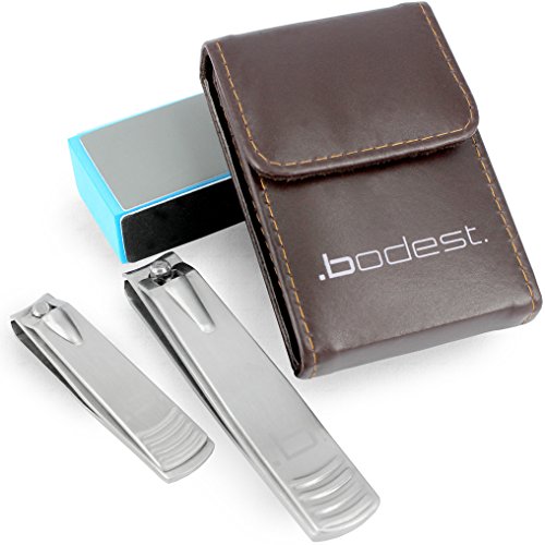 Nail Clippers Set of 2 Stainless Steel for Both Male and Female Including a Bonus Storage Wallet and Nail Block by Bodest - Wide Opening and Sharp Blades For Fingernails & Toenails.