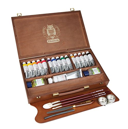 Schmincke Künstlerfarben., Mussini® Pintura al óleo Pinturas,, Caja de madera con 15 tubos de 35 ml, 1 x 150 ml blanco y accesorios