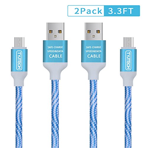 Micro USB Kabel, TYJTECH 2-Pack 3.3FT/1M Micro USB Schnellladekabel Geflochtenes Kabel High Speed Sync für Android Smartphones, Samsung Galaxy, HTC, Huawei, Sony, Nexus, Nokia, Kindle und mehr – Blau - 2