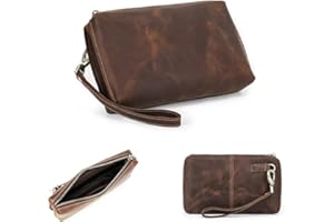 CONTACTS Bolso de mano de cuero genuino para hombre con correa de muñeca, cartera de pasaporte con cremallera y bolsillo con cremallera, bolsa de mano de gran capacidad para hombre vintage