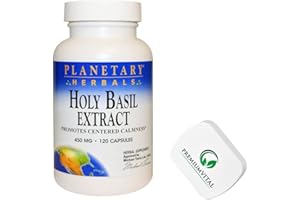 PremiumVital Planetary Herbals Holy Basil Extract (estratto di basilico santo), 450mg, 120 capsule, con pratico portapillole, Testato in Laboratorio, Senza Glutine, Senza Soia