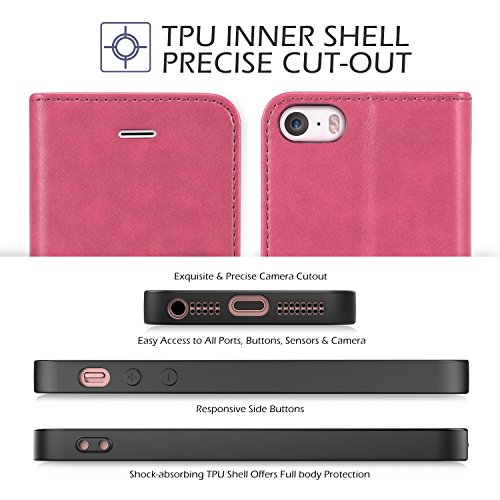Funda iPhone SE  Funda iPhone 5S  TUCCH Funda Piel para iPhone 5 con Carcasa Interna de TPU  Garant  a de por vida  Soporte Plegable 3 Ranuras para tarjetas Cierre magn  tico Funda Tapa para iPhone SE 5S 5  Rosa