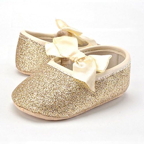 Amazemarket Newborn Baby Princess Girls Moccasins Shoes Sneakers Soft Sole Prewalker First Walkers Walking Canvas Anti-Slip Indoor Crib Toddler Infant Attractive Bowknot Gift (12 cm 6-12 months, Golden)