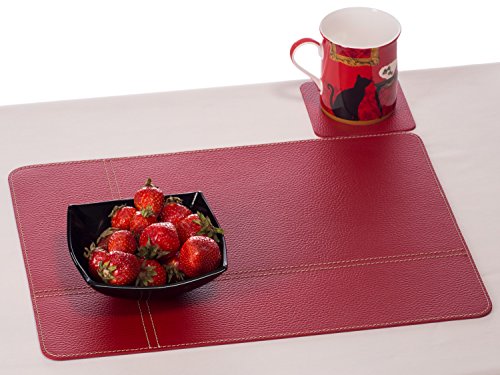 Nikalaz Platzsets und Untersetzer (2er set) aus Recyceltem Leder, 2 Stück Platzsets und 2 Undersetzer, Tischsets, Platzdeckchen 40 x 30 cm und Untersetzer 10 x 10 cm (ROT) - 2