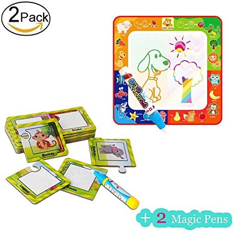 Flytoo Water Painting Graffiti Education Set with 4 color Doodle Mat and 16 Animal Painting Cognitive Cards And 2 Water Pen Games Toy for Toddlers Kids Baby
