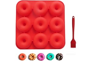 SIMUER Moldes de silicona para rosquillas, 9 cavidades de silicona para donuts, molde de donut de silicona, 11 x 11 pulgadas, para tartas, galletas, panecillos con cepillo de silicona