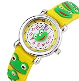 Kinderuhr Vinmori,Kinder Armbanduhr für Jungen Mädchen, 3D Zeit Lehrer Kleinkind Cartoon Armbanduhr, Cartoon Frosch Muster Silikon Band wasserdicht Quarzuhr, Kinder (gelb)