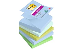 Post-it Super Sticky Z-Notes, Couleurs Oasis, Pack de 5 Blocs, 90 Feuilles par Bloc, 76 mm x 76 mm, Bleu, Vert - Notes Super Adhésives pour Prise de Notes, Listes de Tâches et Rappels