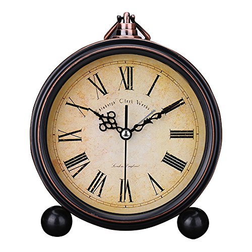 Dobess Vintage Design Tischuhr mit Hanger 5 Zoll Rund Schleichende Sekunde ohne Ticken Metall Quarzwecker Glockenwecker für Wohnzimmer 3