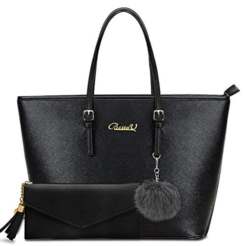 BestoU Handtasche Damen Schwarz Gross Leder Groß Tasche Umhängetasche Schultertasche Shopper Henkeltasche Damen Set
