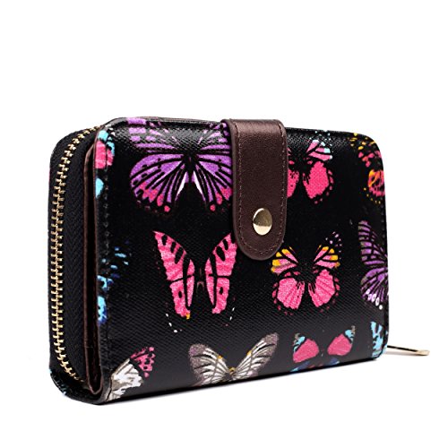 Miss Lulu Designer Oilcloth Floral Spot Polka Dot Butterfly Horse Folded Zip Wallet Purse (Butterfly Black)