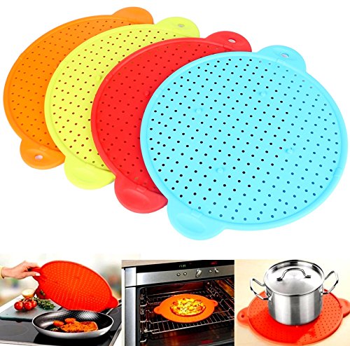 2 Stück Spritzschutz Ø 28 cm ROT Silikon Pfannenspritzschutz 6in1 Verwendbar als Spritzschutz, Seiher, Überkochschutz, Backblech, Untersetzer und Mikrowellendeckel